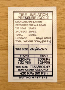 Tire Inflation Pressure Decal (17", 2G)