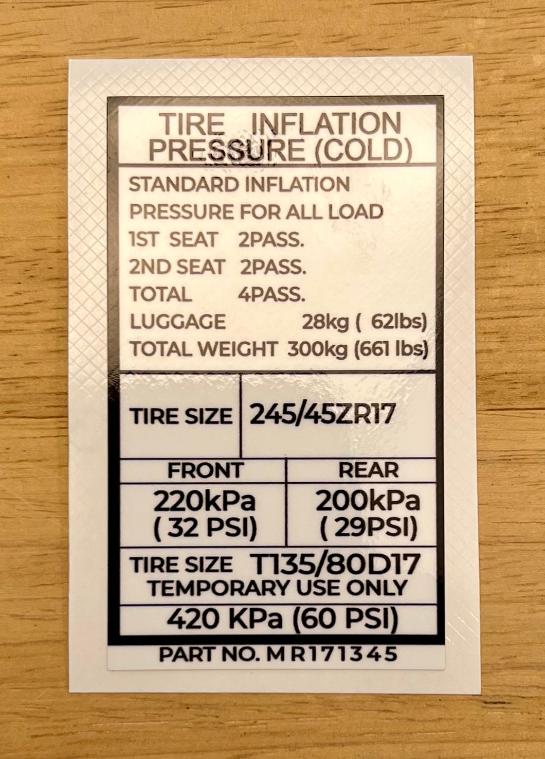 Tire Inflation Pressure Decal (17