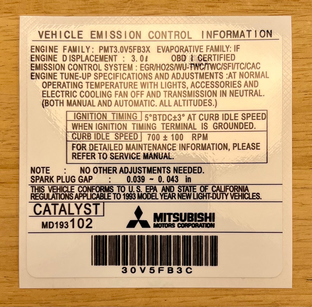 Vehicle Emission Control Information Decal (1993) 3000GT Stealth
